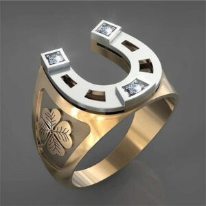 Vintage-Inspired Horseshoe & Four-Leaf Clover Ring - Golden-Tone Alloy with Sparkling Accents, Perfect for Daily Wear, Birthdays, Anniversaries, and Parties, Party Accessory | Vintageinspired Design | Durable Jewelry, Horseshoe Jewelry