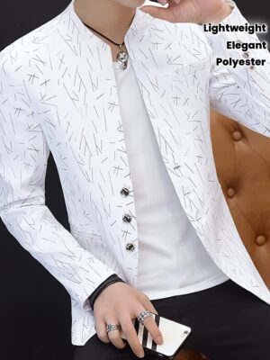 Men'S Elegant Geometric Pattern Blazer - Lightweight Non-Stretch Fabric, Stand Collar, Button-Up Jacket for Spring & Fall, Regular Fit, Perfect for Business or Formal Occasions, Formal Attire|Geometric Pattern Jacket|Polyester Jacket