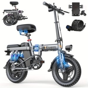 (Spare Batteries Are Optional)Hisent Foldable Electric Bicycle Adult Model | Brushless Motor 740W, Battery Life Up to 32 Miles, Speed 20MPH, 15Ah/17.5Ah/20Ah Lithium Battery + LCD Screen 14-inch Alloy Steel Wheels, Portable Folding