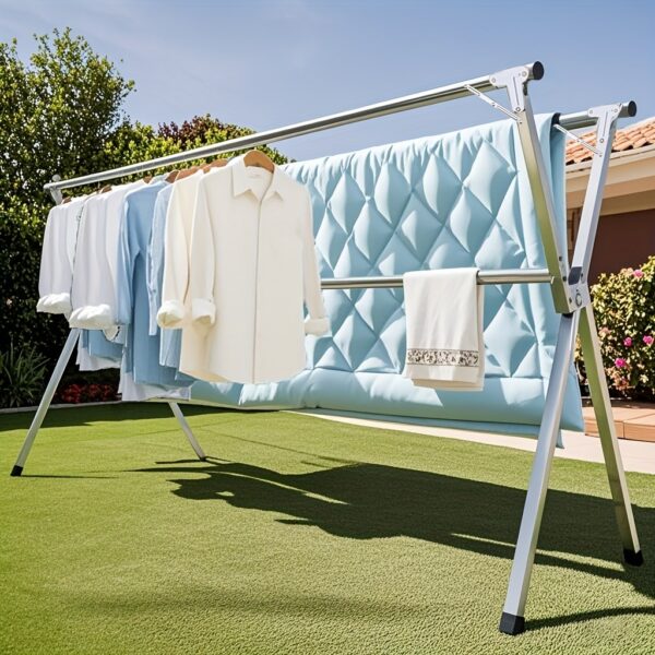 50280b0b-a017-4ea4-8a46-ebe4fbbc274c.jpg 1 Foldable Metal Clothes Rack With Adjustable Three Bars, Saving Space For Storage, Suitable For Indoor And Outdoor Use, Used For Clothes, Blankets, And Bedding, Clothes Rack, Mother'S Day, Drying Racks