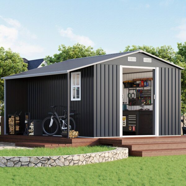 50d7d5cf2a2d4c5da676c9f3f7756c32-goods.jpeg PAPABABE 10.6x10.3x6.3 FT Outdoor Storage Shed with Sliding Doors and Two 4-Pane Windows - Open Design for Wood and Equipment Storage