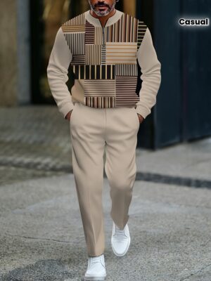 The 2025 Men'S Casual Suit Features a Striped Pattern with Multiple Colors on The Top, The Pants Are Beige Casual Pants in The Same Color Scheme, with a Casual Yet Exquisite Overall Design, Suitable for Daily Shopping And Casual Gatherings