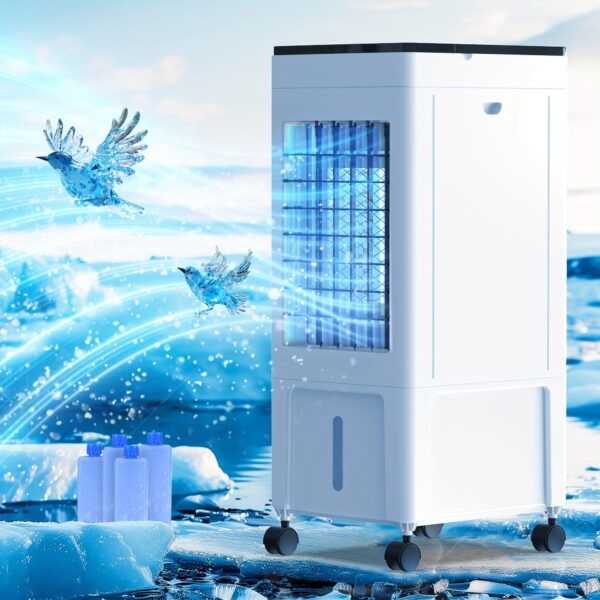ADVWIN Evaporative Air Cooler, 3-in-1 Steam Cooler with 2.1 Gallon Water Tank, Portable Air Conditioner, 3-Speed Adjustable, 4 Ice Packs, Timer, Oscillating, Windowless Air Cooler Fan, Suitable for Bedroom, Home and Office
