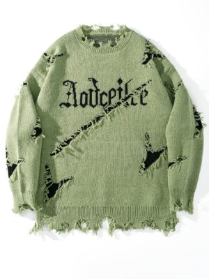 5181324a-48bd-4092-a930-17afc307d057.jpg Men's Casual Streetwear Sweater - Relaxed Fit Drop Shoulder, Distressed Letter Embroidery & Ripped Details, Long Sleeve Pullover for Autumn Winter, Medium Elasticity Fabric