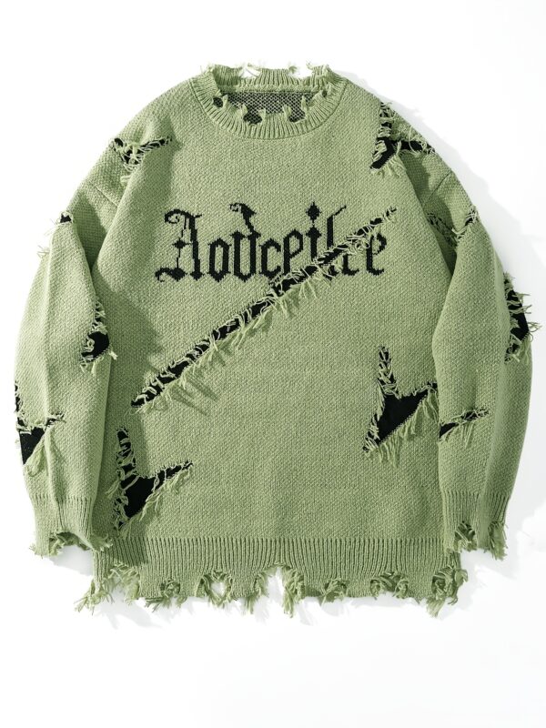 Men's Casual Streetwear Sweater - Relaxed Fit Drop Shoulder, Distressed Letter Embroidery & Ripped Details, Long Sleeve Pullover for Autumn Winter, Medium Elasticity Fabric