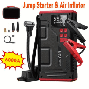 5182576c-e8be-4182-9f3b-c675bcf8e481.png Jump Starter Air Compressor Power Station 6000A Peak 12V Compact Portable Battery Booster with Tire Inflator LED Safety Hammer USB Charger for SUV RV Tracto