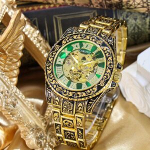1pc Men's Mechanical Watch with Automatic Movement - Luxury Analog Dial, Golden-Tone Bezel & Green Face, Luxury Brand-like Design, Mechanical Hand, No /Electricity, Ideal for Boys & Men - Birthday/Christmas/Graduation Gift (Green & Golden) - Youth & Adult Wristwatch - Funky Style with Golden-Tone Band & Green Dial, Mechanical Movement, No Required, Analog Display, Luxury Watch
