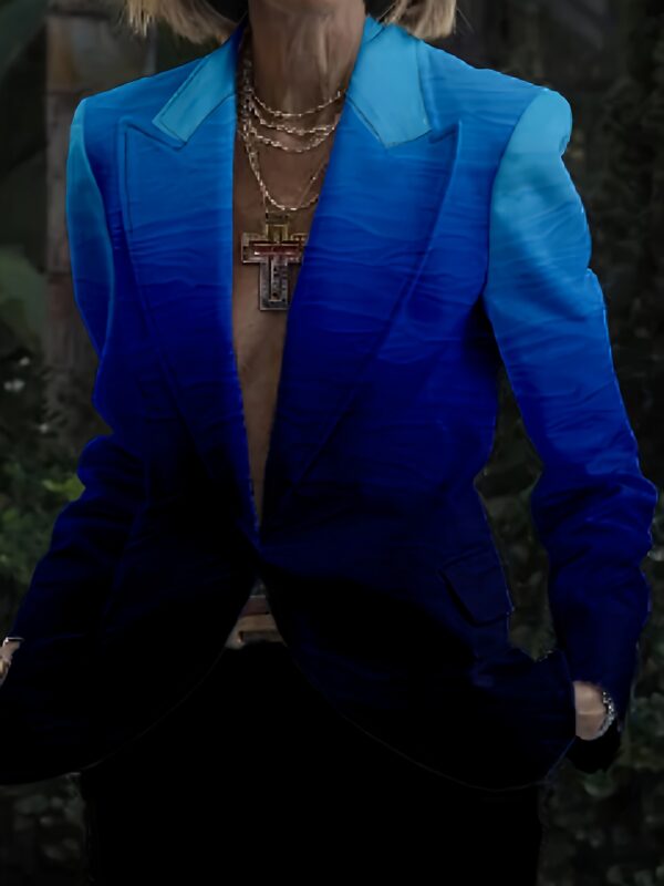 1pc Unisex Gradient Blue-Black Blazer - Casual Polyester-Spandex Blend, Long Sleeve, Lapel Collar, Single Button, Slight Stretch, Regular Fit, Slit Hem, Woven Fabric, Ideal for Outings, Parties - Spring/Fall Fashion