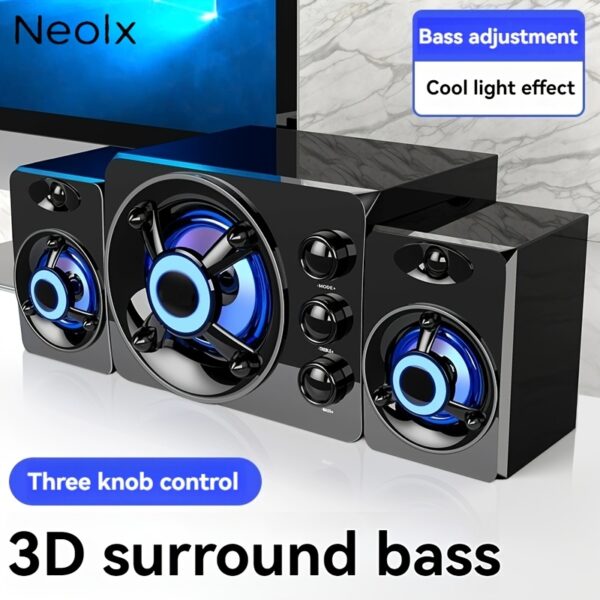 3-Speaker Split Computer Audio System with Bass & Treble Knob Control, 3D Surround Sound, RGB Lighting - USB-Powered 2.1 Stereo for Gaming/Video Desktop PC Speakers, Modern Speaker Design, Highquality Audio