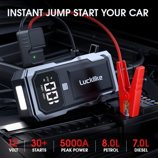 5000A Lucklike Portable Car Jump Starter & 12V Battery Charger - 2.11gal Gas/1.85gal Diesel Engine Booster, 30+ Jump Cycles, Quick Charge 3.0/USB-Powered, Digital Display, LED Light & Emergency Power Bank with Intelligent Jumper Cables, Lithium-Polymer Battery, Compact Jump Box for Cars, Trucks, SUVs, Vehicle Maintenance, Roadside Assistance, Sleek Design, Durable Construction, Highcapacity Battery, Reliable Performance, Truck Drivers, Suv Enthusiasts, Portable Car Battery Jump Starter, Car