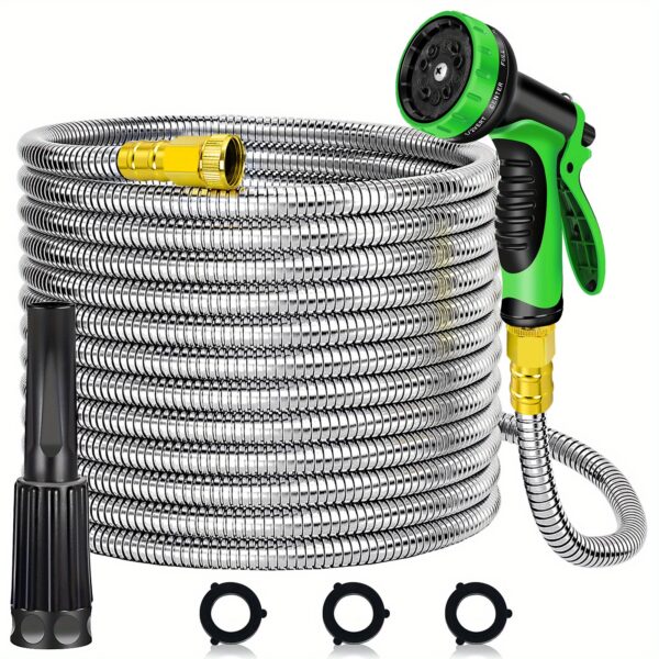 25/50/75/100/150ft Heavy-duty Stainless Steel Water Hose For Garden Use, With 10 Functional Nozzles, No Knotting, Lightweight And Flexible, Easy To Use And Store, Sturdy And Durable, Suitable For Gardens And Lawns