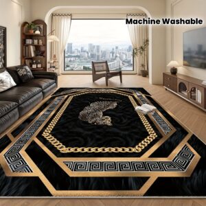 Modern Minimalist Velvet Area Mat - Ultra Soft, Machine Washable, Non-Slip Polyester Blend Mat with Geometric Patterns in Black, Golden & White - Perfect for Living Room, Bedroom, And Office Decor, Rugs