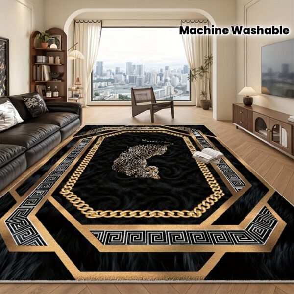 539af418f7e97dc3d7dca3b7e9c53558.jpg Modern Minimalist Velvet Area Mat - Ultra Soft, Machine Washable, Non-Slip Polyester Blend Mat with Geometric Patterns in Black, Golden & White - Perfect for Living Room, Bedroom, And Office Decor, Rugs