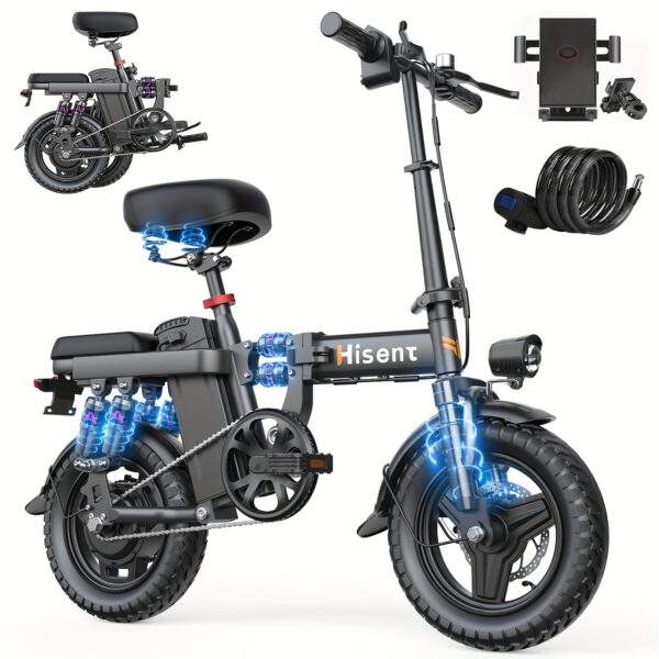 (Spare Charger Optional)|dult Folding Electric Bike, Peak 740W Motor, 48V 17.5A Lithium Battery, Up To 35Miles Range, 20 Mph Speed, 14 Inch Alloy Steel Frame Front Suspension, Disc Brake LCD Display, With Headlights And Taillights - Commuter Bike