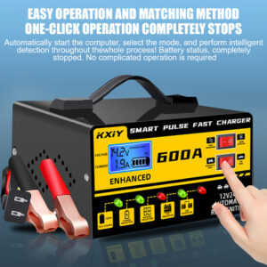 Heavy-Duty 12V/24V 600A Auto Battery Charger with LCD Display, Intelligent Pulse Charge & Auto Stop - Fast Charging, Overvoltage/Overheat/Short Circuit/Reverse Polarity Protection - for Cars, Trucks, SUVs, Motorcycles, RVs - US Plug (110V/220V Input) - Compatible with 6AH-400AH Batteries, Car Battery Charger, Vehicle Charging Station, Sleek Metallic Design, Advanced Safety Features