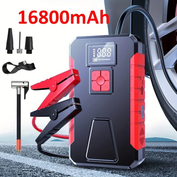 [5-in-1] Portable Car Jump Starter & Air Compressor, 16800mAh/12000mAh 12V with 150PSI Tire Inflator & LCD Display. for All Gas & 3.17gal Diesel Cars.