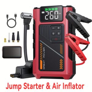 Tire Inflator Portable Air Compressor, Emergency Starter with Air Compressor, Car Jump Starter + Inflator All-in-one Machine, 4000A Peak for (2.38 Gallons Of Gasoline, 1.98 Gallons Of Diesel) with LED Light, USB Power Bank Function, Tire Air Compressor, Vehicle Maintenance Tool, Roadside Assistance Device, Compact Design, Multifunctional Device, Sturdy Build, Highperformance Motor, Jump Start Device, Outdoor Enthusiasts, Truck Drivers