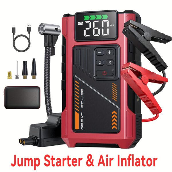 Tire Inflator Portable Air Compressor, Emergency Starter with Air Compressor, Car Jump Starter + Inflator All-in-one Machine, 4000A Peak for (2.38 Gallons Of Gasoline, 1.98 Gallons Of Diesel) with LED Light, USB Power Bank Function, Tire Air Compressor, Vehicle Maintenance Tool, Roadside Assistance Device, Compact Design, Multifunctional Device, Sturdy Build, Highperformance Motor, Jump Start Device, Outdoor Enthusiasts, Truck Drivers