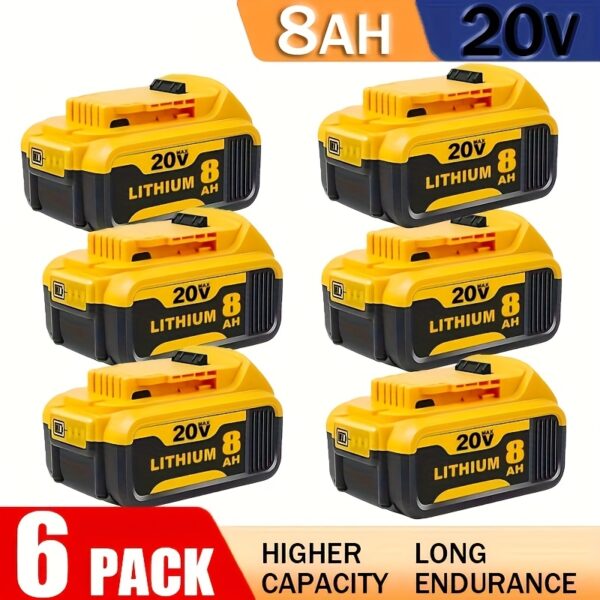 6-Pack 8000mAh High-Capacity for Dewalt 20V Max Lithium-Ion Batteries, Long-Lasting Power Tool Batteries with Overcharge Protection & Fast Charging, for Dewalt 20V Cordless Drills, Saws, Grinders (DCB200, DCB201, DCB206, DCB207) - Heavy-Duty Replacement Batteries for Extended Runtime, Enhanced Performance, Durable Plastic Construction, No External Power Required, Batteries All Sizes, Battery