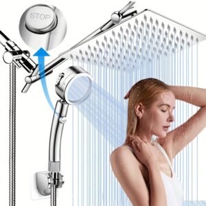 All Metal High Pressure Rainfall 12 Inch Shower Head/Handheld Showerhead Combo - Chrome - Adjustable Shower Extension Arm, 4-Spray, 59-inch Hose, Adhesive Showerhead Holder - For Bathroom Remodeling & Spa-Like Experience - Ideal Gift for Homeowners & Bathroom Enthusiasts