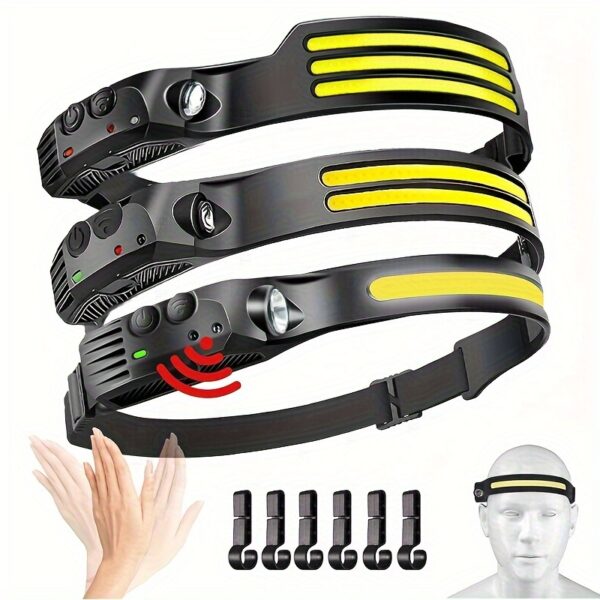 3pcs Rechargeable Headlamp + 6 Hooks Set, 230° Wide Beam Head Lamp, Motion Sensor COB&LED Headlamp Rechargeable, 5 Mode Headlamps For Adults, Bright Head Lights For Forehead, Hard Hat Headlight, Headband Flashlight For Work, Camping Essentials Gear