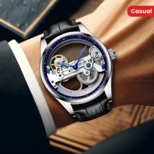 1pc Men's Silvery-Black Belt Casual Style Design Simple Fashion Double-Sided Hollow Automatic Mechanical Watch