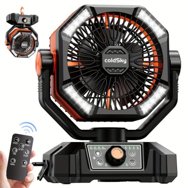 20000mAh Battery Powered Camping Fan - Dual Motor, 8-Speed With Remote Control & 4 LED Lanterns, Portable Outdoor Fan With Hook For Tent, Power Outage, Construction Site