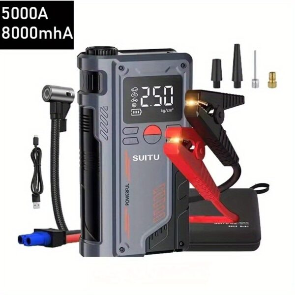 5000A Car Jump Starter & Air Compressor, 8000mhA Car Emergency Starter Portable 150PSI Digital Tire Inflator, with LED Emergency Light, for Gas/ Diesel Engines, Fast Charging, Multifunctional Auto Jump Starter for Car, Motorcycles, Bicycles, Ball