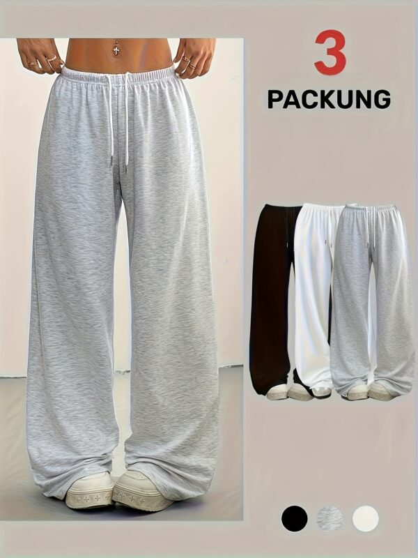 3pcs Women'S Casual Wide-Leg Pants with Elastic Drawstring Waist - Mid-Stretch Machine-Washable Fabric, All-Season Comfort, Solid Colors (Grey/Black/White) for Lounge, Workouts & Casual Attire, Workout Leggings, Lounge Wear, Relaxed Fit, Durable Construction, Versatile Bottoms, Lifestyle, Sporty Style, Breathable Material, Comfortable Bottoms, Fitness Enthusiasts