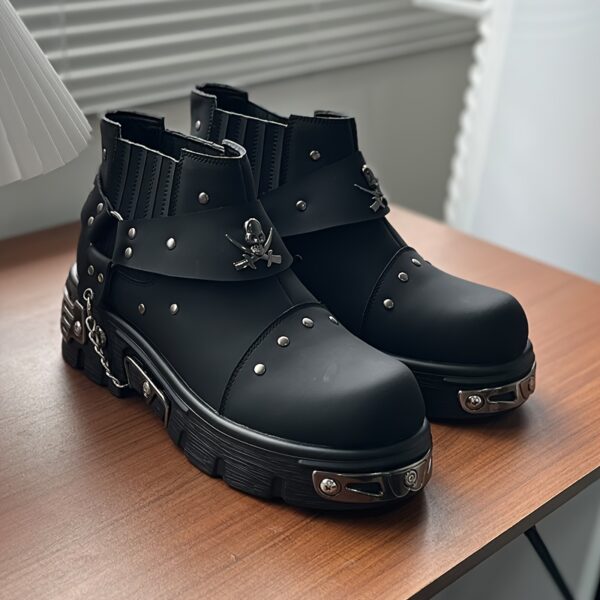 Men's Slip-On Casual Boots with Buckle Strap & Studs - Chunky Platform Ankle Booties, Upper & Rubber Sole, All-Season Round Toe Boots for Daily Wear, Camping, Parties - Edgy Gothic Style (Black)