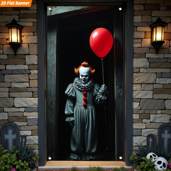 2D Door Banner, 1pc Large Halloween Door Banner - Scary Clown with Red Balloon, Spooky Party Decoration, Home Entrance Background, Haunted House Birthday Party - No Power Needed, Easy Hang Flat Banner 31.4x71 Inches / 50x114cm - Durable Polyester Material, Evil Expression Design, Simple Hanging Setup, 2D Flat