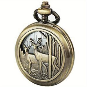 Vintage Deer Carved Pocket Watch with Chain - Rustic Woodland Design, Quartz Movement, Smooth Back, Perfect for Gifts, Party Decorations, and Outdoor Enthusiasts, Gift Pocket Watch | Vintage Design | Carved Metal Cover, Deer Home Decor