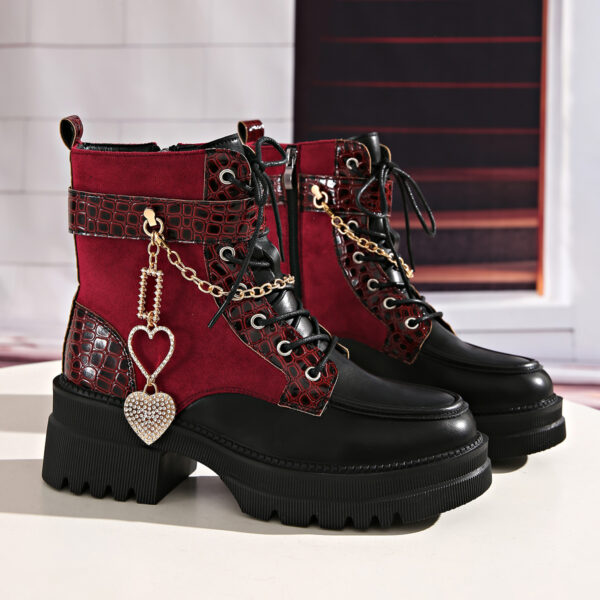 Women'S Winter Chunky Heel Ankle Boots - Red & Black Faux Cover with Heart & Chain Accents, Side Zipper, Thick Rubber Sole for Dresses & Casual Outfits, Winter Boots, Dressy Footwear, Durable Fabric Insole