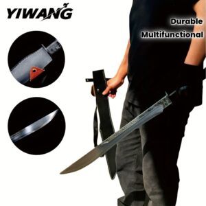 YIWANG Tactical Straight Sword - 1060 High Carbon Steel, Heat-Tempered Full Hand-Forged Samurai Sword with Cool Blade Patterns, Leather Sheath & Shoulder Strap, Multi-Functional for Outdoor Use, Full Tang, No Sharp, Perfect Gift for Martial Arts & Tactical Training, Martial Arts Gear, Traditional Japanese Design, Durable Construction