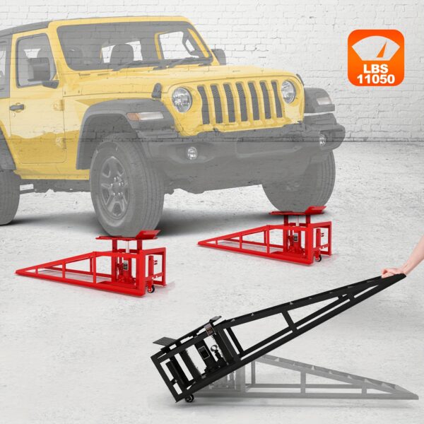 Hydraulic Car Ramps, 2 Pack Car Ramp High Lift, 11050LBS Automotive Truck Cars Service Ramps, Low Profile Oil Change Ramps with Support Jack for Car Truck Trailer Garage Repair (Red)