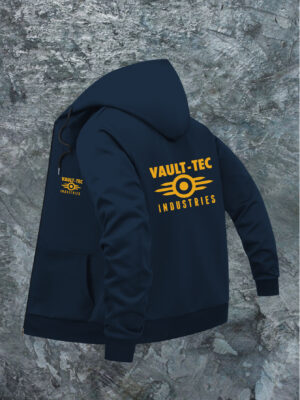 [Vault-Tec Jacket] Navy Blue Vault-Tec Industries Men's Casual Hooded Jacket | Stretch Polyester Blend, Zipper Closure, Machine Washable, Regular Fit