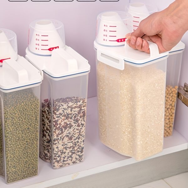 5a4e85a6-d82e-4ca2-8a0c-dc104fc598f2.jpg 4pcs 5LB Airtight Food Storage Containers with Measuring Cup & Flip-Top Lids - BPA-Free Plastic Grain Dispenser Bins for Rice, Cereal, Flour, Pet Food - Stackable Kitchen Pantry Organization, Food Storage Organizer, Clear Container, Leakproof Seal, Meal Preppers, Compact Design, Durable Construction, Bulk Buyers