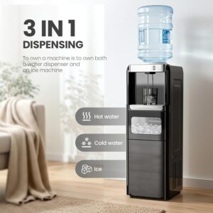 Water Dispenser with Ice Maker, 3-in-1 Hot And Cold Water Cooler with Built-in Bullet Ice Maker Machine, 33lbs/ 24H, Top Loading for 3-5 Gallon Bottle, Child Safety Lock, Espresso Machine 20 Bar, Cappuccino & Latte Machine with Automatic Milk Frother