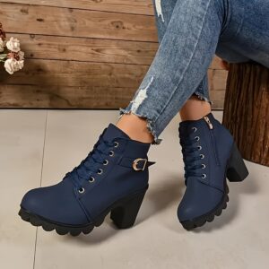 Women'S Chunky Heel Ankle Boots - Casual Lace-Up with Side Zipper, Round Toe PU Cover Boots in Black, Brown, Olive Green, and Burgundy, Comfortable Fabric Lining for All-Season Wear, Versatile Footwear | Chunky Heel Boots | Durable PU Cover
