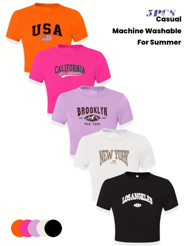 5pcs Girls' Summer Graphic T-Shirts - Slim Fit Cropped Short Sleeve Tops with USA, California, Brooklyn, New York & Los Angeles Print, Stretchy Knit Fabric, Machine Washable, Vibrant Colors for Casual Play & Casual Attire, Cute Shirts for Summer
