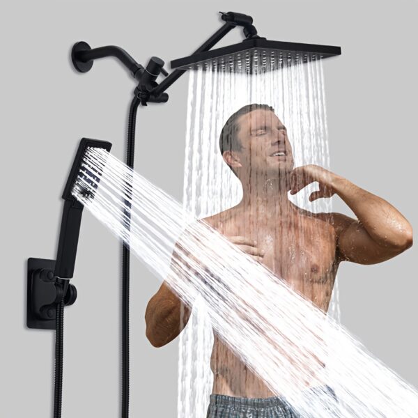1 Set High-Pressure 8-Inch Rain Shower Head with Adjustable Height (10.83") Arm & 3-Mode Handheld Shower Combo - Black Modern Square Design, Easy Installation Wall-Mounted Shower System, Durable Plastic Construction for Contemporary Bathrooms