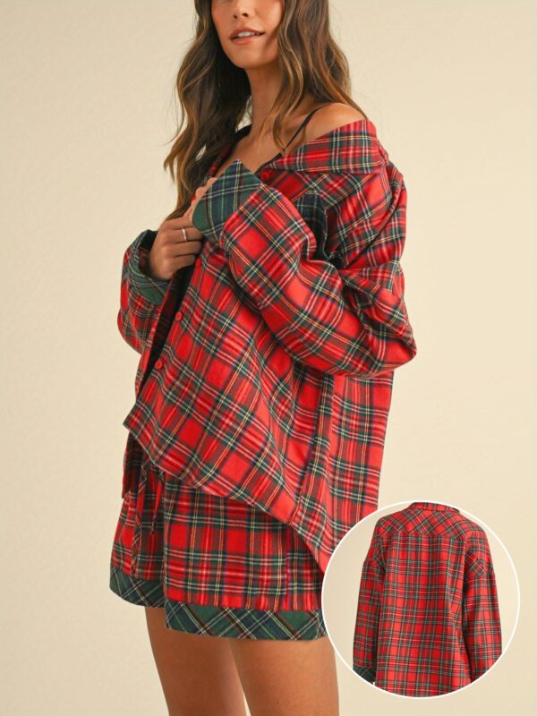 Women's Christmas Lounge Set Long Sleeve Lapel Button Up Plaid Shirt Shorts Sleepwear Sets