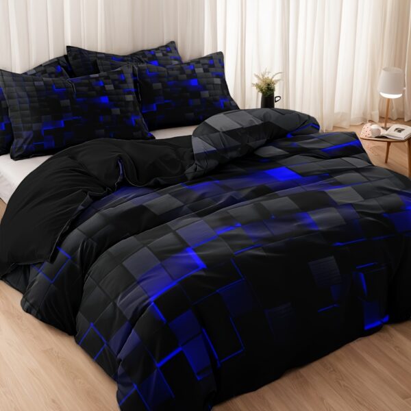 3pcs polyester 3D energy block geometric cube design black + blue grid print quilt cover set, suitable for bedrooms and guest rooms. Soft and comfortable quilt cover, gift for family and friends (1* quilt cover + 2* pillowcases, core not included)