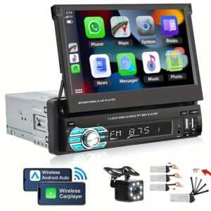 Podofo Wireless Carplayer Single Din Car Stereo 7 Inch HD Flip Out Touchscreen Car Radio with Wireless Car Player Android Auto, Wireless, Type-C/USB/TF/AUX, SWC, FM, Voice Control, Backup Camera