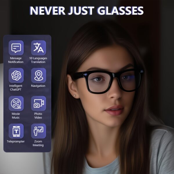 5c7441c3-1097-420b-b3cf-2d6659eeb729.jpg AI Smart Glasses, Supporting Touch And AI Chat GPT Models. AI Intelligent, 800W High-definition, Anti-shake Function. Real-time Translation. Anti-blue Light Dual Microphone Noise Reduction. 4K HD Recording + Wireless Call. Bicycle Driver, Fishing, Office, Travel FPV Recording - Ideal Gift.