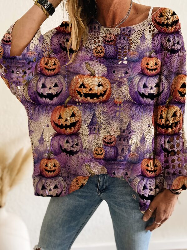 Plus Size, Spring, Summer & Autumn Rhombus Cutout Bat Off-Shoulder Loose Fit Pumpkin Halloween Print Long Sleeve Top for Women - Vacation Style, Casual Elegant Commute Vest Cover-Up, Bikini Cover Shirt