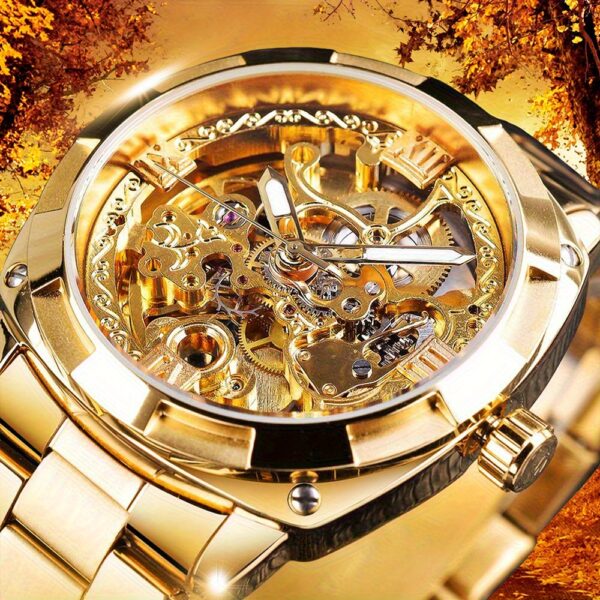 Men's Vintage Automatic Mechanical Skeleton Golden Watch - 41mm Square Bezel, Hollow Engraved Dial, 1181.1inch High Quality Luxury Wristwatch for Everyday & Formal Wear, Bling Watch, Formal Timepiece
