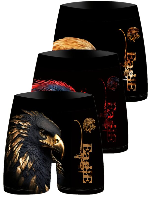 5e70a909-ab2c-4404-bcd4-6b80164465e9.jpg 3pcs Cartoon Eagle Print Men'S Shorts - Stretchy, Comfortable, Breathable Knit Boxer Briefs with Vibrant Golden & Black Design, Casual Wear, Casual Wear Boxers|Bold Graphic Shorts|Stretchy Fabric