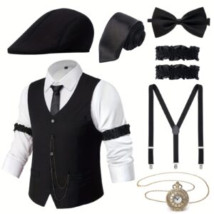 5ec100b9-931a-4187-83bb-4736ffc4c4d0.jpg 1set YESSA 1920s Gatsby Gangster Costume Accessories for Men - Polyester Street Style Vest, Hat, Bow Tie, Pocket Watch, Suspenders, and Ruffled Arm Bands - Roaring 20s Themed Outfit (Shirt Not Included)