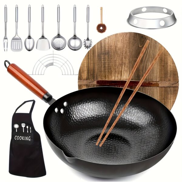 1set Wok With Lid - Nonstick, Cast Iron Cookware Frying Pan 12.6 Inches With 13 Cookware Accessories, Frying Pan Flat Bottomed Carbon Steel Wok Suitable For All Stoves, Kitchen Utensils, Kitchen Tools, Kitchen Accessory, Kitchen Supplies Camping
